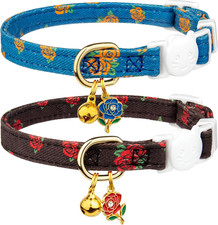 2 Pack Cotton Breakaway Cat Collar Blue and Black Rose Pendant Cute Kitten Cat C