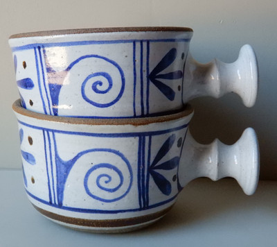 Made in Jerome Jane Moore Pottery Geometric Designs Two Onion Soup Chili Bowls D