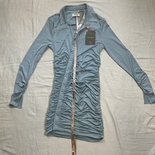 HOUSE OF CB Powder Blue Deana Asymmetric Ruched Bodycon Shirt Dress Women’s Sz M