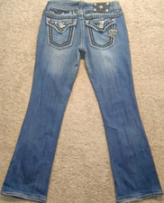 Miss Me Women's Bootcut Jeans Blue Embroidered Rhinestone Button Zip 5-Pocket