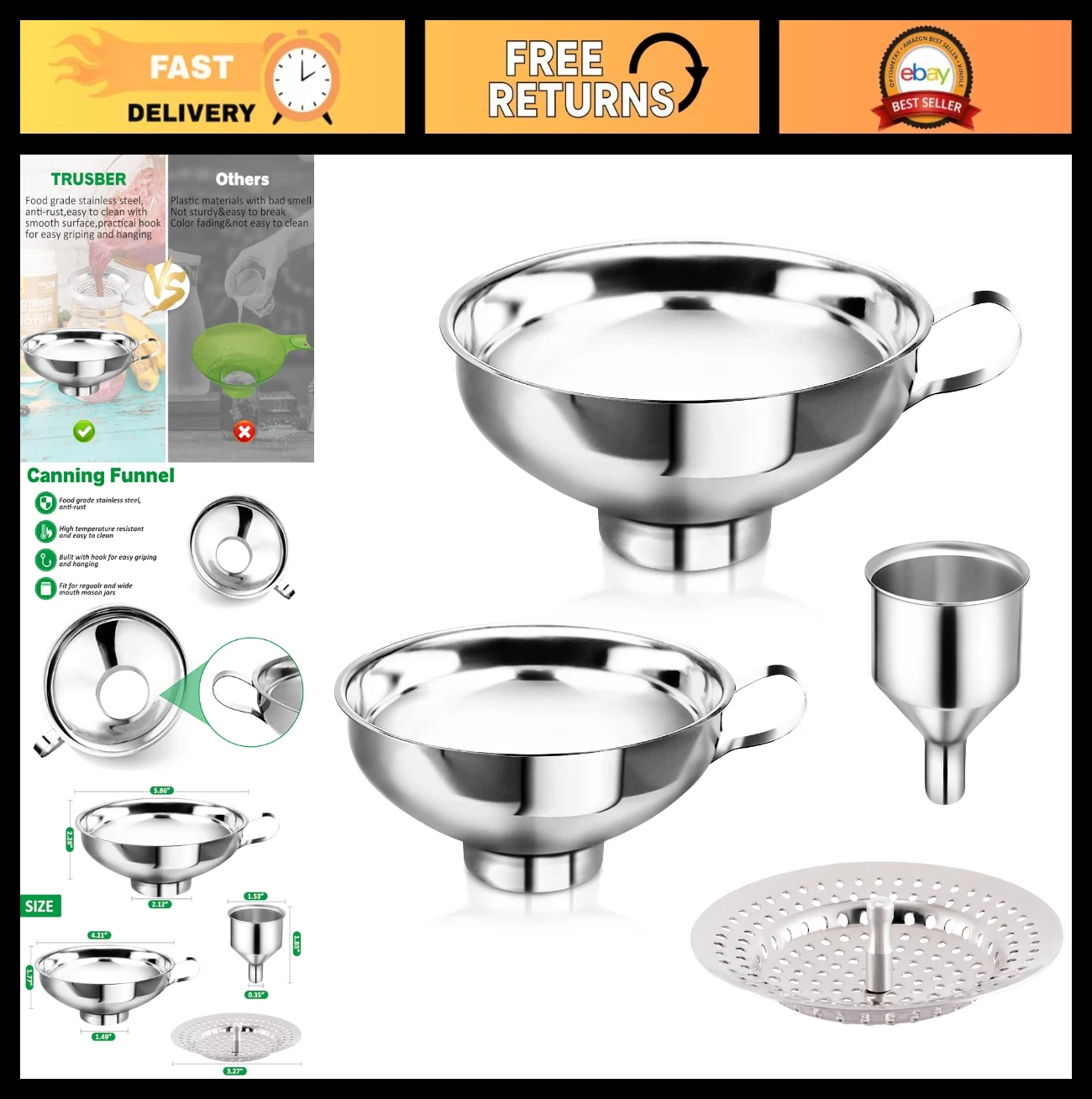 Stainless Steel Canning Funnel with Strainer - Wide & Narrow Mouth for Mason Jar