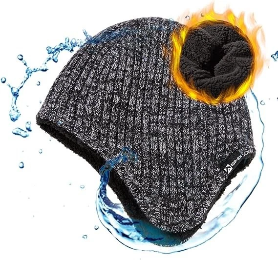 Oversized XL/XXL Merino Wool Beanie Waterproof Earflap Fleece Lined