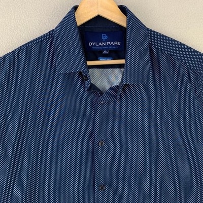 Dylan Park Dress Shirt Men XL Blue Polka Dot 4-Way Stretch Long Sleeve Button Up