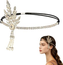 1920s Flapper Headband Silver Rhinestone Leaf Headpiece with Pearl Tassel