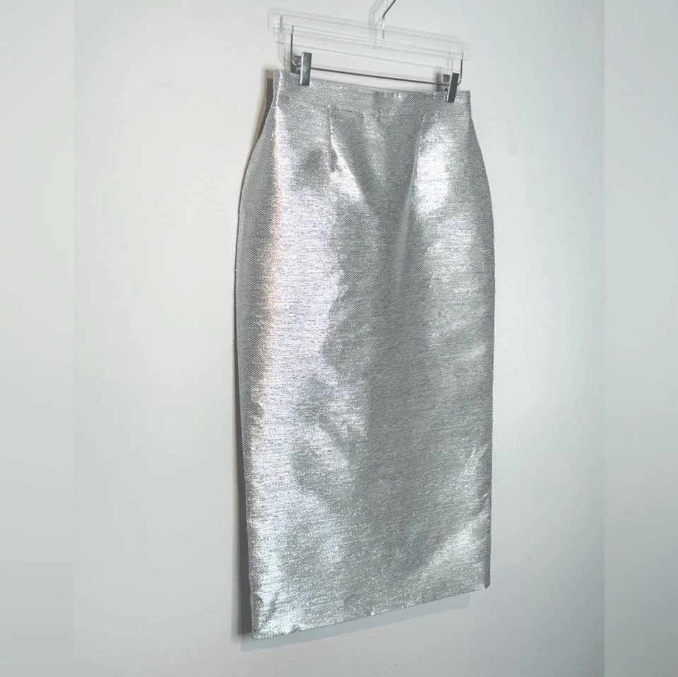 Brandon Maxwell Metallic Silver Foil Maxi Formal Pencil Skirt Size 10 NWT - Image 4 of 4