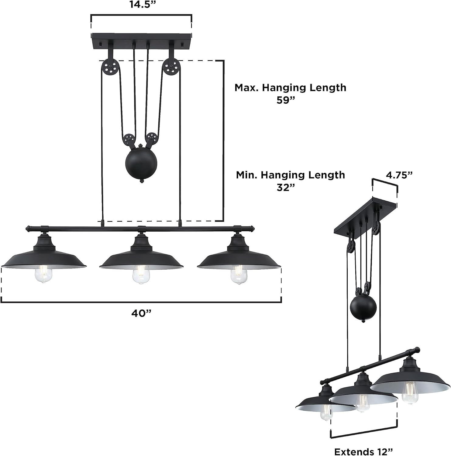 Iron Hill 3-Light Indoor Island Pulley Pendant, Oil Rubbed Bronze Finish