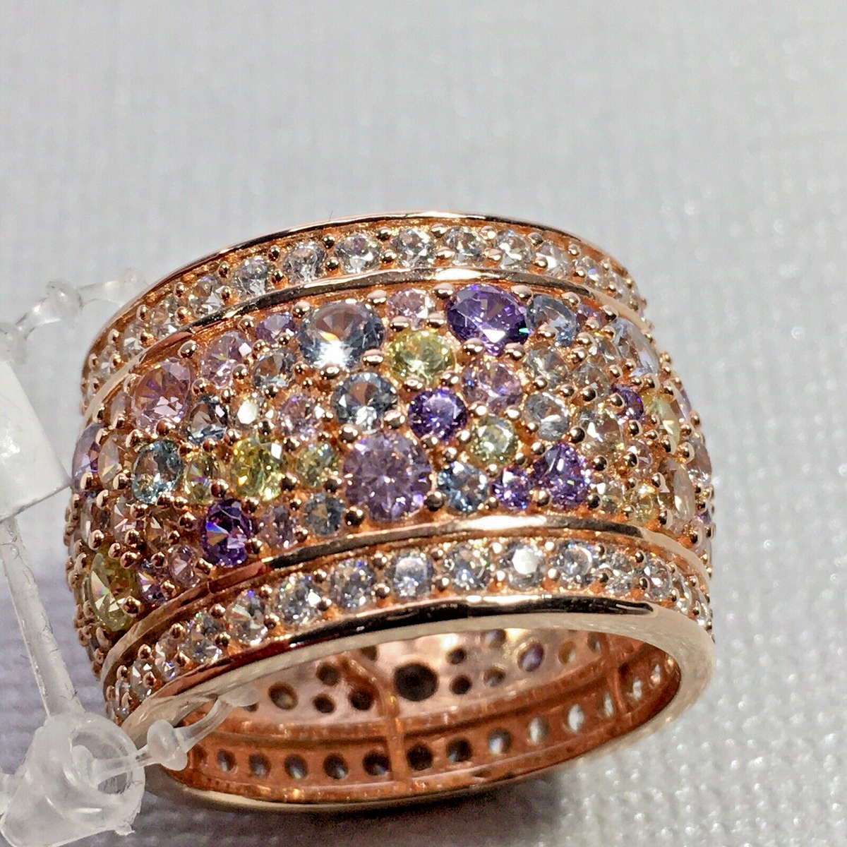 NWT FZN 925 Sterling Silver Multicolored Gemstones Pave Wide Band Ring Sz