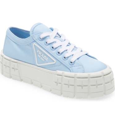 Prada Cielo Blue Nylon White Platform Lug Sole Flat Low Top