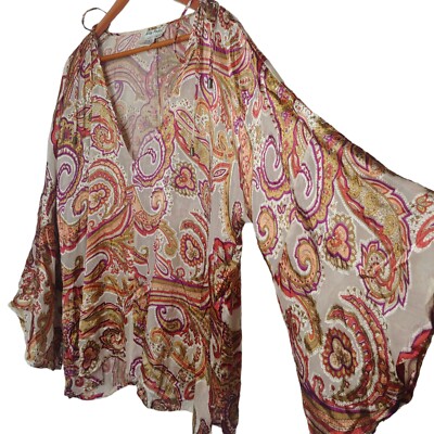 Ulla Popken Blouse Plus Size 20 22 Blouse Brown Paisley Bell Slv Rayon Silk