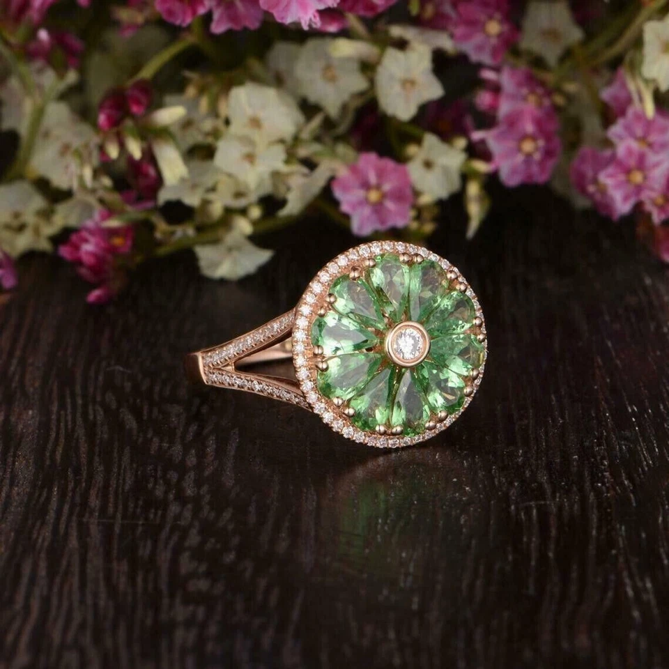 3CT Pear Cut Lab Created Green Peridot Halo Wedding Ring 14K Rose Gold Plated - Image 2 of 4