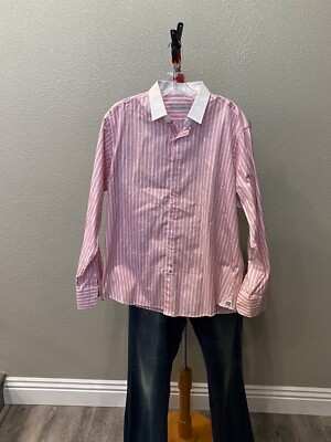 Equilibrio Pink Stripe White Collar LONG SLEEVE SHIRT Large L 16.5 x 34/35 