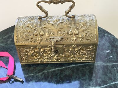 Antique French German Bronze Jewel Box Chest c.1890 Art Nouveau w Key