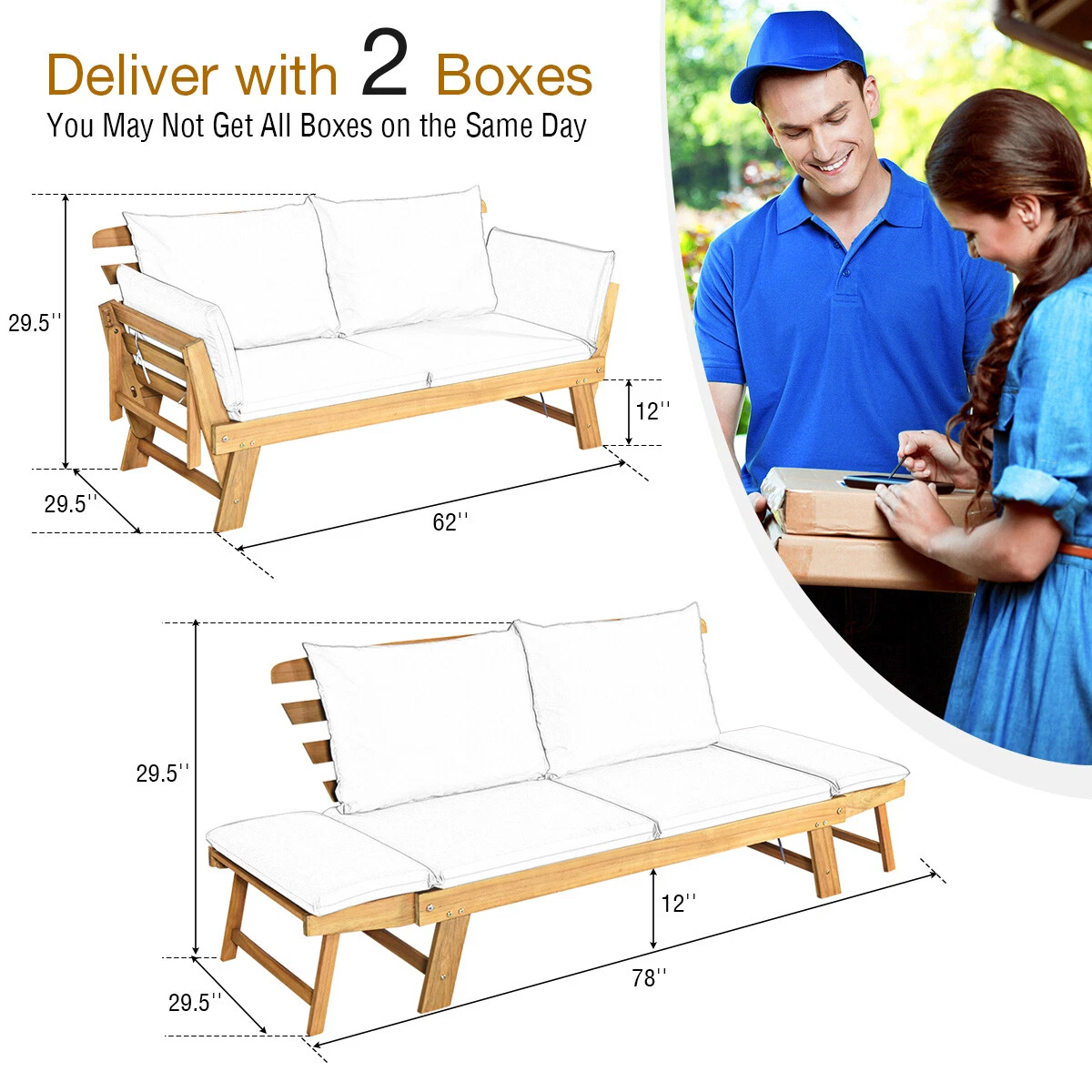 Patio Convertible Sofa Daybed Solid Wood Adjustable Furniture