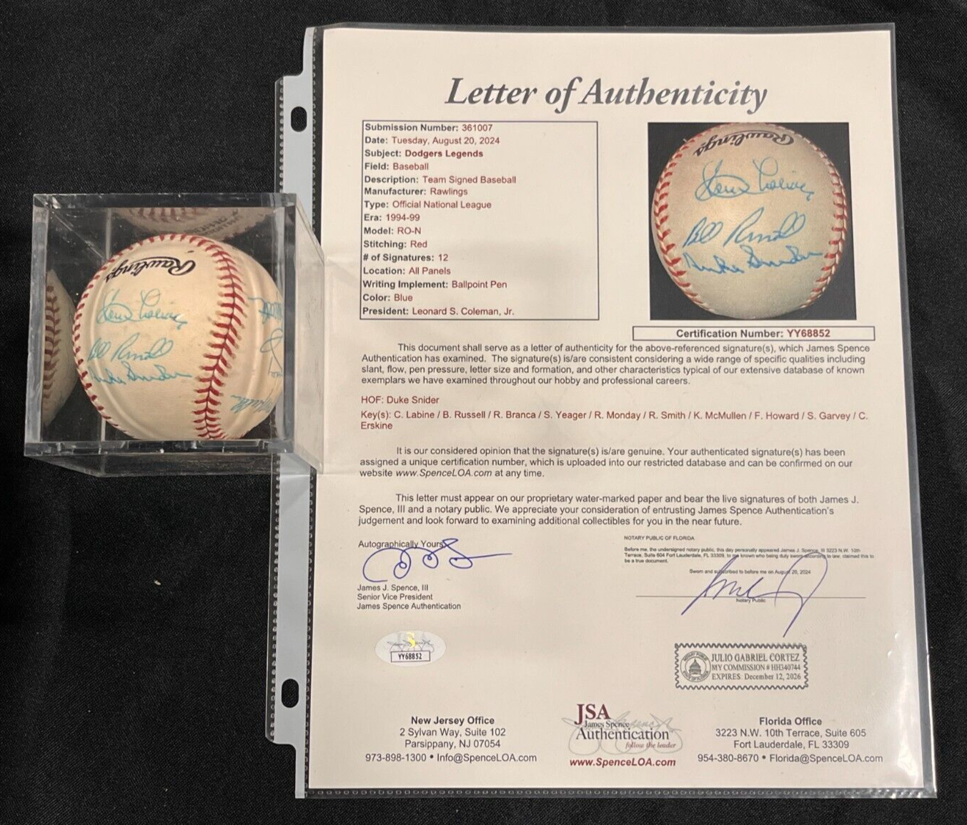 Duke Snider + 11 Others Hand Signed Dodgers Legends Baseball JSA LOA WM AA 93024 