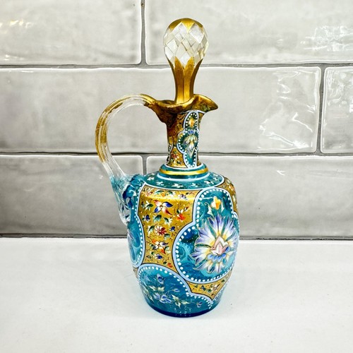 Antique Moser Enamel Glass Cruet Floral Gilt 6.75" Stopper Bohemian REPAIRED - Picture 12 of 13