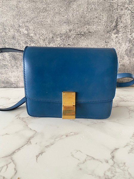 Pre-Owned Authentic Celine Small Classic Box Crossbody Bag Handbag Blue GHW
