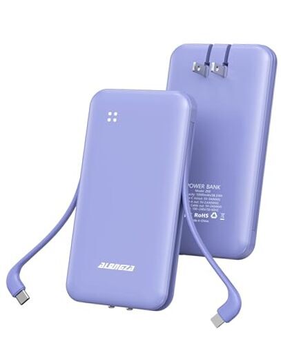 Portable Charger Built-in Cables and AC Wall Plug, Slim Fast Purple-10k