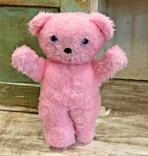 Vintage 1960s Pink Teddy Bear Plush Blue Eyes Sewn in Haiti 10