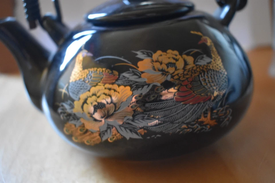 Asiatische Vintage-Teekanne Pfauen-/Blumenmuster mit 6 Teeschalen - Bild 3 von 4