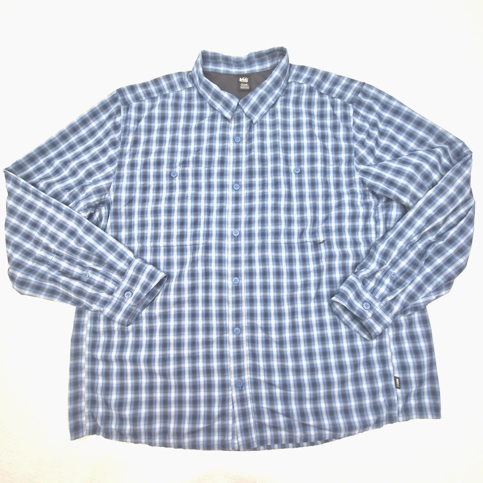 REI Co-op Shirt Mens XXL Blue Plaid Button Down Hiking Outdoor Fishing Vented