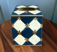 De colección Mediados de Siglo Metal Pintado Arlequín Flor De Lis Pañuelo Caja Soporte Azul