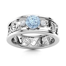 Unique Wedding Band 5 MM Round Aquamarine 925 Sterling Silver Filigree Ring