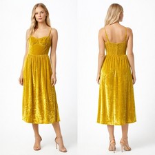 Reformation Inessa Midi Dress 10 Gold Velvet Silk Rayon Slip Strappy Smocked