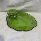 VTG INDIANA CARNIVAL GLASS green HARVEST GRAPE iridescent plate/cup set
