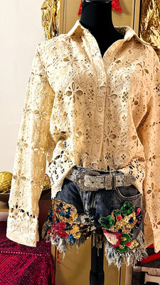Damenbluse grobe Häkelspitze Lochspitze Boho Ibiza Spitze Blusenblazer Beige
