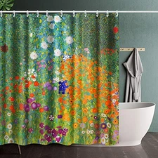  Bathroom Shower Curtain Set with Hooks,Flower Garden by Gustav Klimt,Home Art 