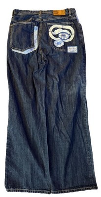 Ecko Unltd Jeans Mens 34x32 Blue Vintage Baggy JNCO Wide Leg Embroidered Patches