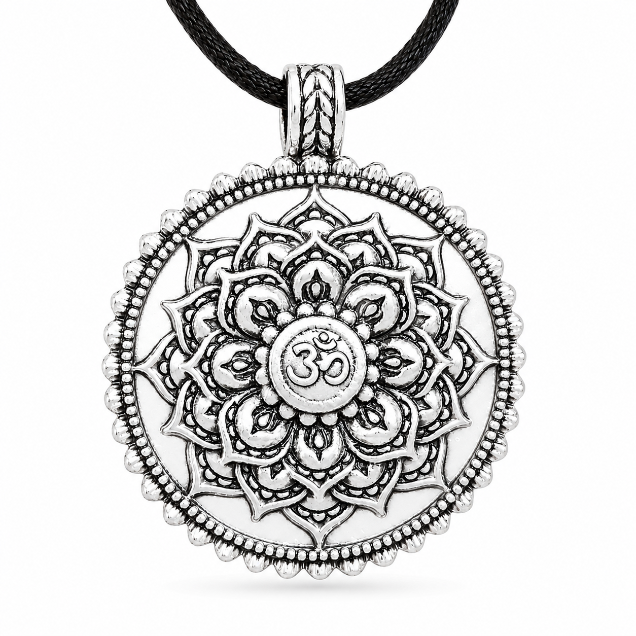 Lotus Mandala Om Pendant Necklace Spiritual Meditation Yoga Pewter Cord