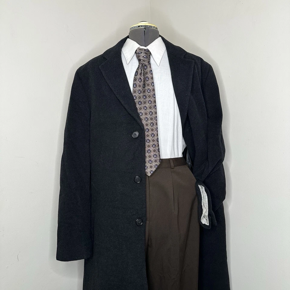 Abrigo Perry Ellis Para Hombres 44L Negro Tweed Lana Grande 48" Cachemira Gabardina Foto 2 de 4