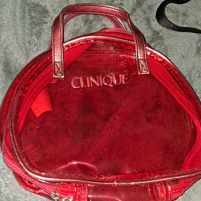 Clinique Red Transparent Plastic Makeup Bag with Handles, Zipper Closure