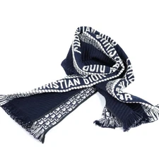 Authentic Christian Dior Navy & White Wool Silk Scarf 80.3 in Luxury