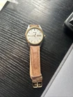 Seiko Watch Men 37mm Silver Dial Two Tone Daydate Round 7N43-9048 Leather Strap