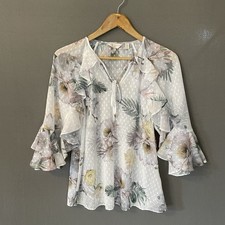 Top TED BAKER London para mujer talla 2 EE. UU. 4-6 semi transparente con volantes floral clip puntos