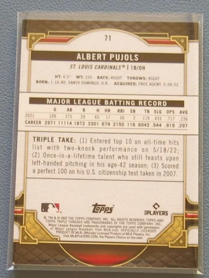 2022 Topps Triple Threads #71 Albert Pujols Amethyst Purple parallel /299 - Image 3 of 3