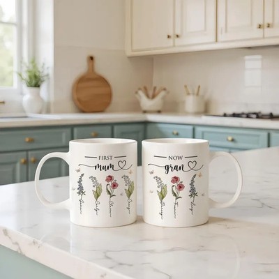 First Mom Now Grandma Mug, Personalized Birth Flower Mug, Mother's Day Gift