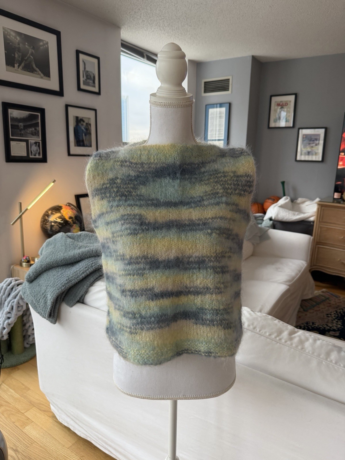 Handmade Mohair Wool Knit Striped Maxi Skirt & Sleeveless Top Set Multicolor