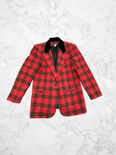 Vintage Sag Harbor Wool Blend Plaid Blazer Jacket Red Black Velvet Collar Size 8