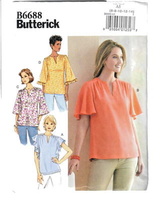 Butterick B6688 Sewing Pattern Misses Semi-fitted Tops 4 Variations 6-14 Easy