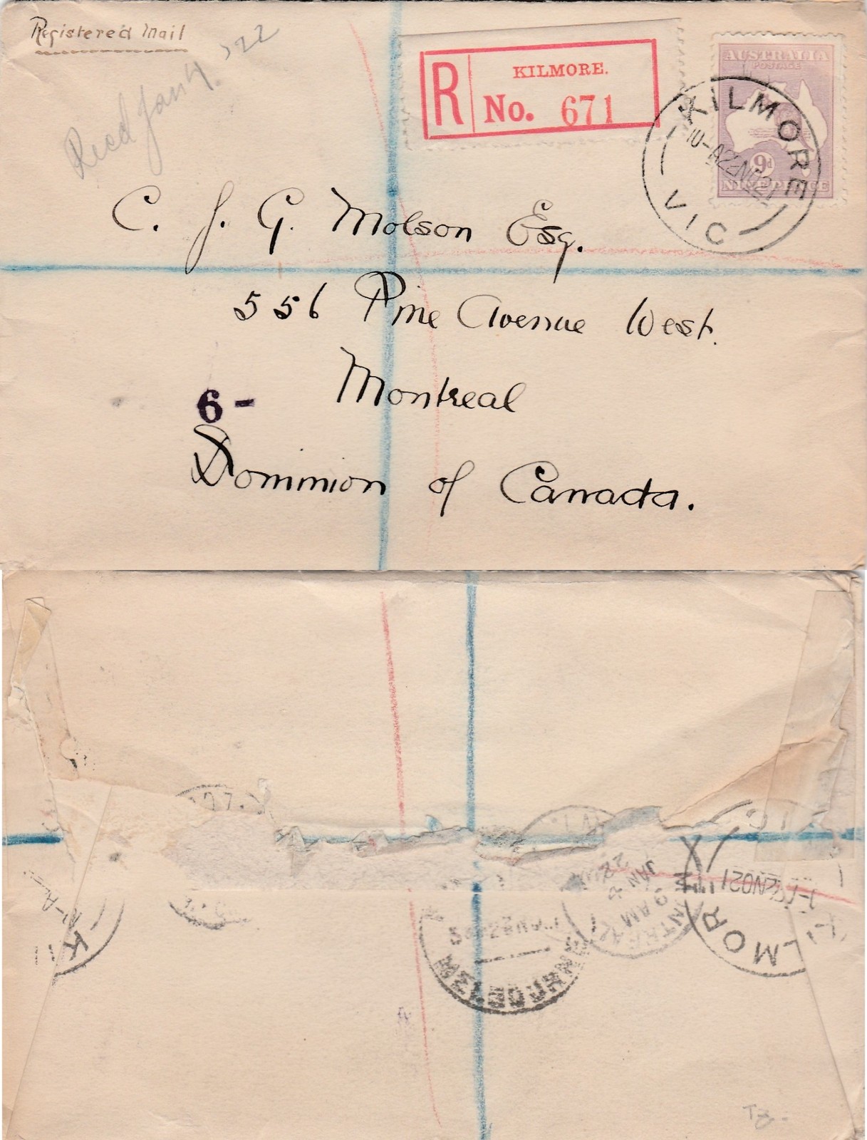 Australia to Canada KILMORE VIC 9d Kangaroo Registered to Molson Brewing 1921