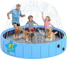 Foldable Dog Pool W/ Sprinkler 87 in Extra Large Dog Swimming Pool 2-in-1
