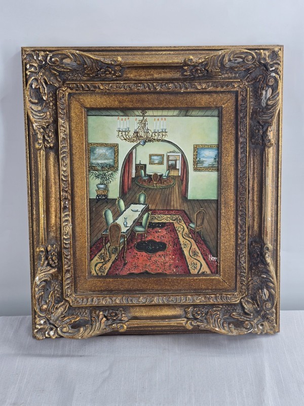 Elegant Dining & Sitting Room by Henry? 14" x 16" Framed Original Oil Painting