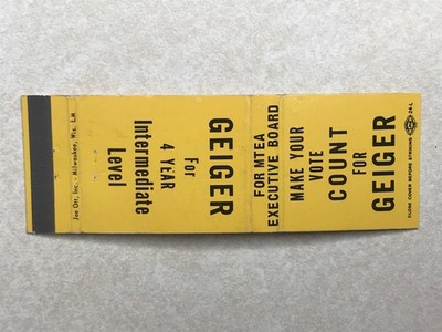BD148 Matchbook Cover Vote Geiger for MTEA Executive Board