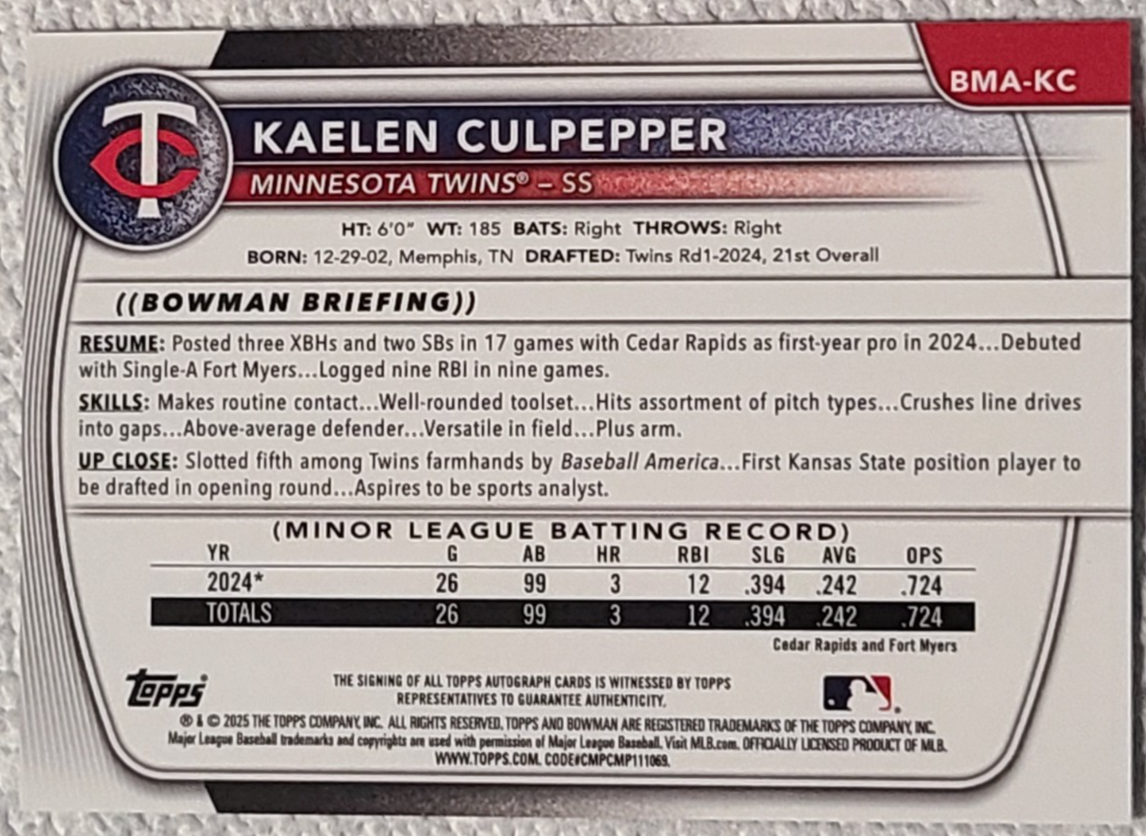 2025 bowman chrome prospects kaelen Culpepper autograph | eBay