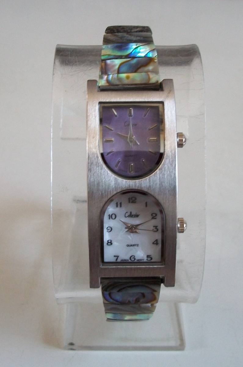 Vintage Abalone Quartz two tone ladies watch with stretch band 12 Vintage Watches Women Stretch Band Leather Abalone Quartz  main image 3