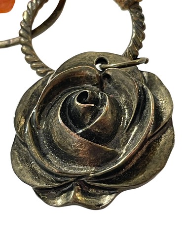 Red Agate  Rose Charm Long Drop Pendant Necklace On Brown Leather Cord Orange - Picture 4 of 17