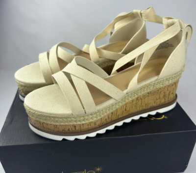 ShoeDazzle Womens 8.5 Tandace Lace Up Linen Platform Wedge Sandals Cork Beige
